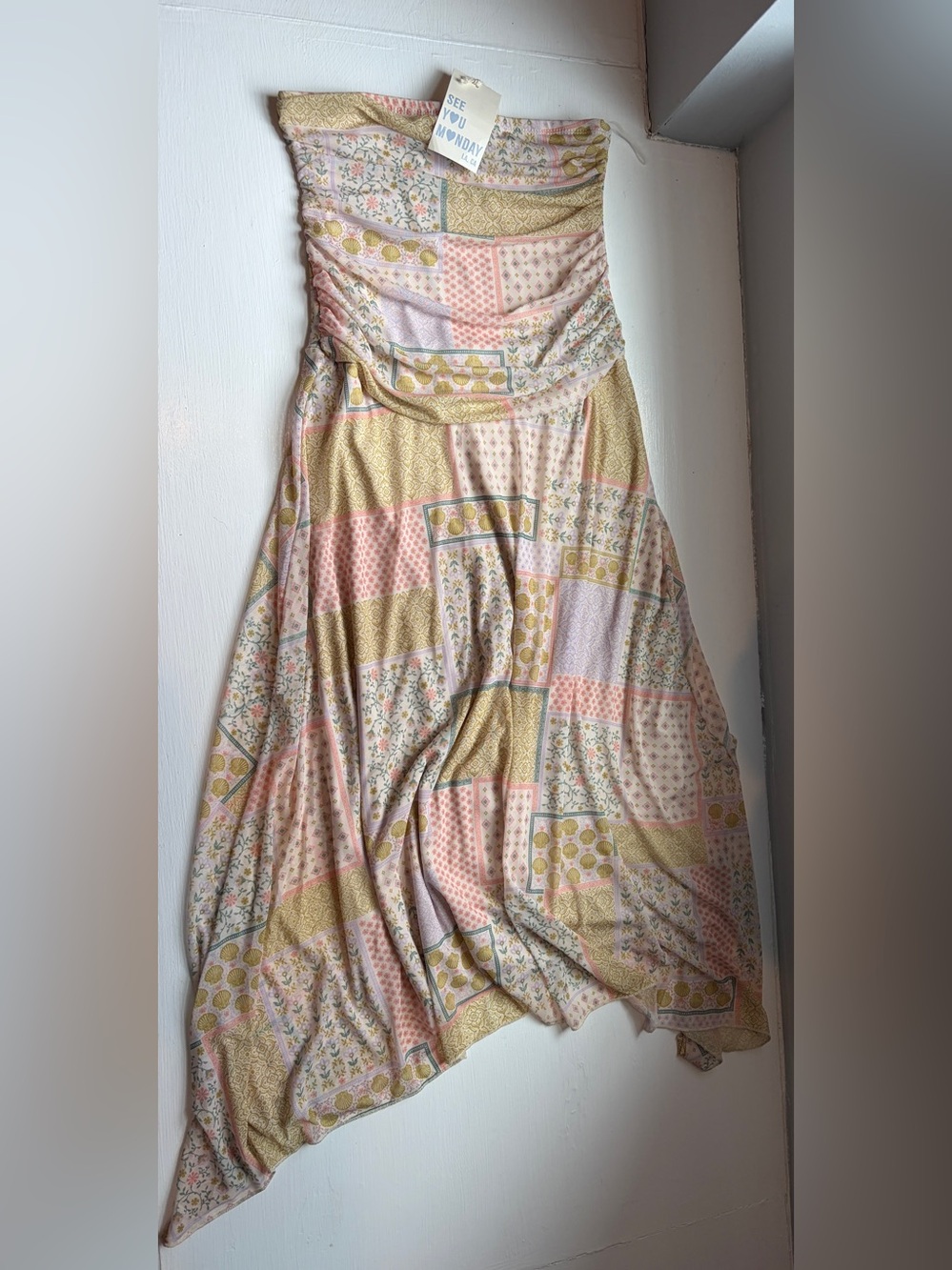 See You Monday Strapless Patchwork Midi Dress in Pink, Cream & Yellow